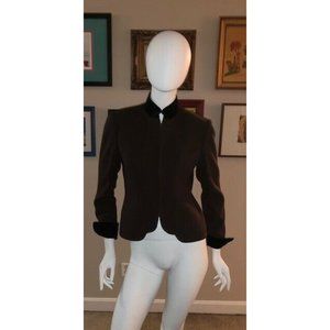 VINTAGE CHRISTIAN DIOR BROWN WOOL BLAZER BLACK VELVET TRIM FRONT ZIP US SIZE 6